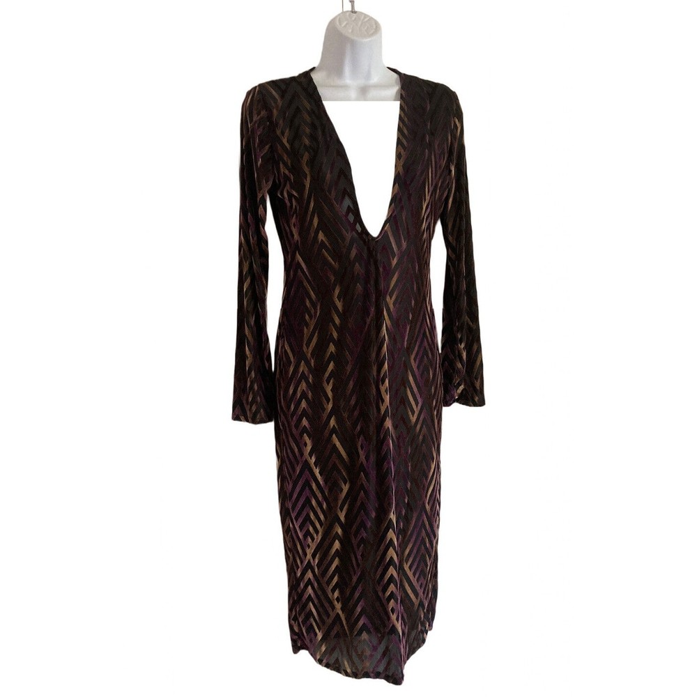 MAGIA USA Velour Bodycon Dress Womens Size L Stretch Midi Semi Sheer L/S Retro